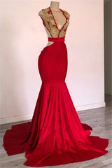 Red Mermaid V-Neck Prom Dresses | Gold Appliques Open-Back Sexy Evening Dresses bc1968