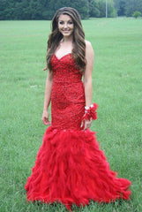 Red Sweetheart Mermaid Prom Dress Crystal Gorgeous Tulle Evening Gowns