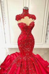 Red Sweetheart Sleeveless Mermaid Satin Floor-Length Prom Dresses with Beading