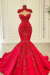 Red Sweetheart Sleeveless Mermaid Satin Floor-Length Prom Dresses with Beading