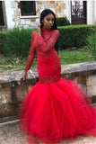 Red Tulle High-Neck Prom Dresses | Mermaid Long-Sleeves Evening Gowns