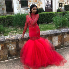 Red Tulle High-Neck Prom Dresses | Mermaid Long-Sleeves Evening Gowns