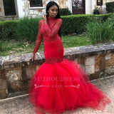 Red Tulle High-Neck Prom Dresses | Mermaid Long-Sleeves Evening Gowns