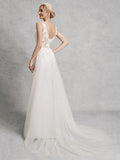 Romantic A-Line Wedding Dress V-Neck Lace Satin Tulle Straps Backless Bridal Gowns Illusion Detail with Court Train