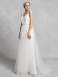 Romantic A-Line Wedding Dress V-Neck Lace Satin Tulle Straps Backless Bridal Gowns Illusion Detail with Court Train