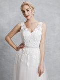 Romantic A-Line Wedding Dress V-Neck Lace Satin Tulle Straps Backless Bridal Gowns Illusion Detail with Court Train