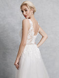 Romantic A-Line Wedding Dress V-Neck Lace Satin Tulle Straps Backless Bridal Gowns Illusion Detail with Court Train