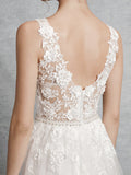 Romantic A-Line Wedding Dress V-Neck Lace Satin Tulle Straps Backless Bridal Gowns Illusion Detail with Court Train