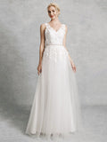 Romantic A-Line Wedding Dress V-Neck Lace Satin Tulle Straps Backless Bridal Gowns Illusion Detail with Court Train