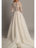 Romantic A-Line Wedding Dress V-Neck Lace Tulle Long Sleeve Sexy Backless Bridal Gowns Court Train