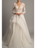 Romantic A-Line Wedding Dress V-Neck Lace Tulle Long Sleeve Sexy Backless Bridal Gowns Court Train