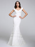 Romantic Mermaid Wedding Dress V-neck All Over Lace Cap Sleeve Sexy Backless Bridal Gowns Illusion Detail