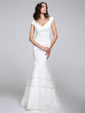 Romantic Mermaid Wedding Dress V-neck All Over Lace Cap Sleeve Sexy Backless Bridal Gowns Illusion Detail