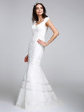 Romantic Mermaid Wedding Dress V-neck All Over Lace Cap Sleeve Sexy Backless Bridal Gowns Illusion Detail