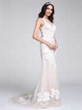 Romantic Mermaid Wedding Dresses Bateau Tulle Floral Lace Straps Boho Sexy Bridal Gowns with Sweep Train