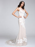 Romantic Mermaid Wedding Dresses Bateau Tulle Floral Lace Straps Boho Sexy Bridal Gowns with Sweep Train