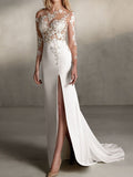 Romantic Mermaid Wedding Dresses Jewel Lace Tulle Long Sleeve Sexy Bridal Gowns with Sweep Train