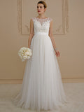 Romantic Plus Size A-Line Wedding Dress Jewel Beaded Lace Cap Sleeve Sexy Backless Bridal Gowns with Sweep Train