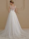 Romantic Plus Size A-Line Wedding Dress Jewel Beaded Lace Cap Sleeve Sexy Backless Bridal Gowns with Sweep Train