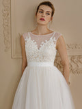 Romantic Plus Size A-Line Wedding Dress Jewel Beaded Lace Cap Sleeve Sexy Backless Bridal Gowns with Sweep Train