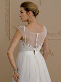 Romantic Plus Size A-Line Wedding Dress Jewel Beaded Lace Cap Sleeve Sexy Backless Bridal Gowns with Sweep Train