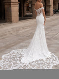 Romantic Plus Size Mermaid Wedding Dress Off Shoulder Lace Satin Short Sleeve Bridal Gowns with Court Train