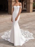 Romantic Plus Size Mermaid Wedding Dress Off Shoulder Lace Satin Short Sleeve Bridal Gowns with Court Train