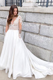 Romantic Soft Lace Wedding Dress Long Sleeves Aline Bridal Dress with V-Neck