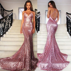 Rose Pink Mermaid Sequins Party Dresses Spaghetti Strap Long Evening Gowns AE0124