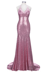 Rose Pink Mermaid Sequins Party Dresses Spaghetti Strap Long Evening Gowns AE0124