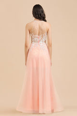 Round Neck Lace Appliques Long Evening Prom Dress