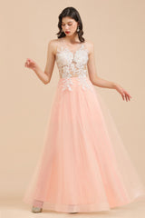 Round Neck Lace Appliques Long Evening Prom Dress