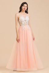 Round Neck Lace Appliques Long Evening Prom Dress