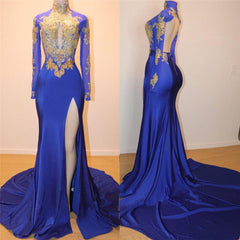 Royal Blue Gold Appliques Sexy Open Back Prom Dress Side Slit Long Sleeve