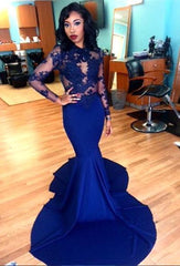 Royal Blue Long Sleeve Mermaid Evening Gown Sexy Court Train Lace Party Dress CE0128