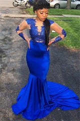 Royal Blue Long-Sleeves Mermaid Prom Dress | Sheer Tulle Appliques Evening Gown