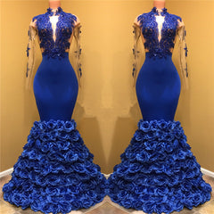 Royal Blue Rose Bottom Prom Dress | Long Sleeve Lace Mermaid Prom Gown BA7969