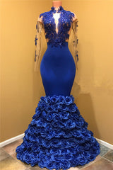 Royal Blue Rose Bottom Prom Dress | Long Sleeve Lace Mermaid Prom Gown BA7969