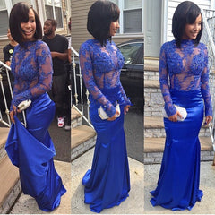 Royal Blue Stretch Satin Mermaid Evening Gowns Long Sleeve Appliques Prom Dresses BA2704