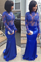 Royal Blue Stretch Satin Mermaid Evening Gowns Long Sleeve Appliques Prom Dresses BA2704