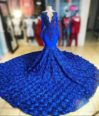 Royal Blue V-Neck Long Sleeve Mermaid Prom Dress Sequins Flowers Bottom