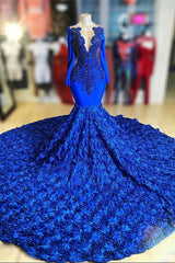 Royal Blue V-Neck Long Sleeve Mermaid Prom Dress Sequins Flowers Bottom