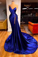 Royal Blue V-Neck Sleeveless Prom Dress Mermaid With Slit