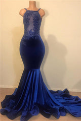 Royal Blue Velvet Prom Dresses with Beads Appliques | Mermaid Backless Straps Sexy Evening Gowns BC1261