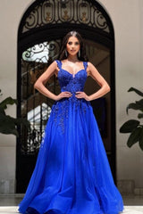 Royal Long Blue Sleeveless Prom Dresses A-line Lace Formal Wears