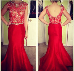 Ruby Mermaid Beading Evening Dresses Cap Sleeve Charming Crystal Prom Dresses