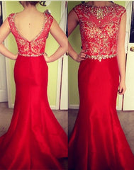 Ruby Mermaid Beading Evening Dresses Cap Sleeve Charming Crystal Prom Dresses