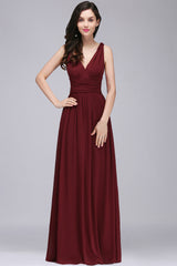 Ruched A-line Burgundy Chiffon V-Neck Evening Dresses