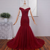 Ruched Mermaid Long Red Formal Evening Gown Off-the-Shoulder Tulle Prom Dresses