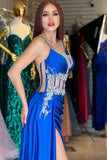 Royal Blue Prom Dress Spaghetti Straps Mermaid Ball Dress With Split Ruffles Beadings